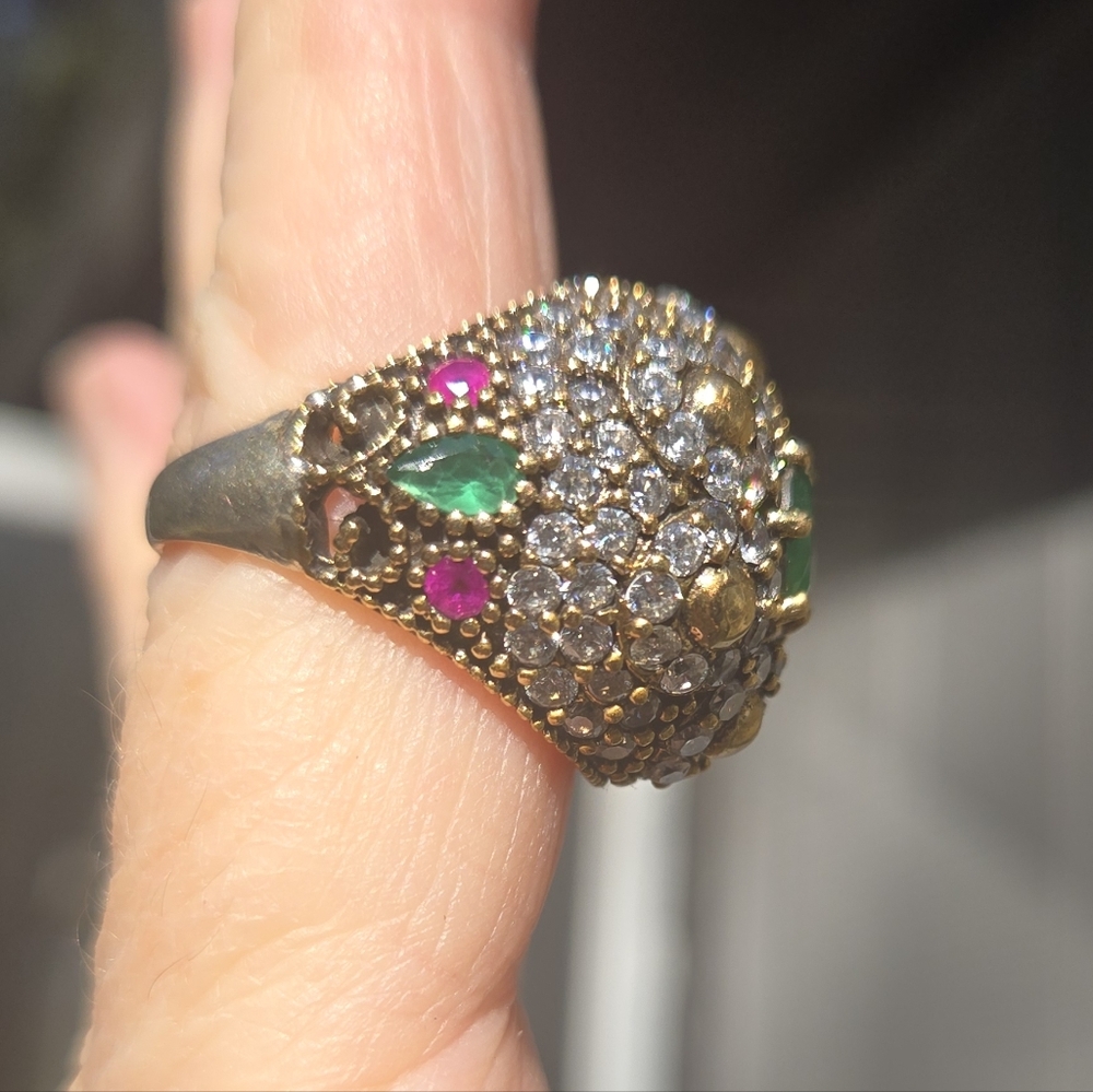 Emerald Topaz & ruby Sterling & Gold Large Ottoman ring Sz7.75 - Picture 3 of 14